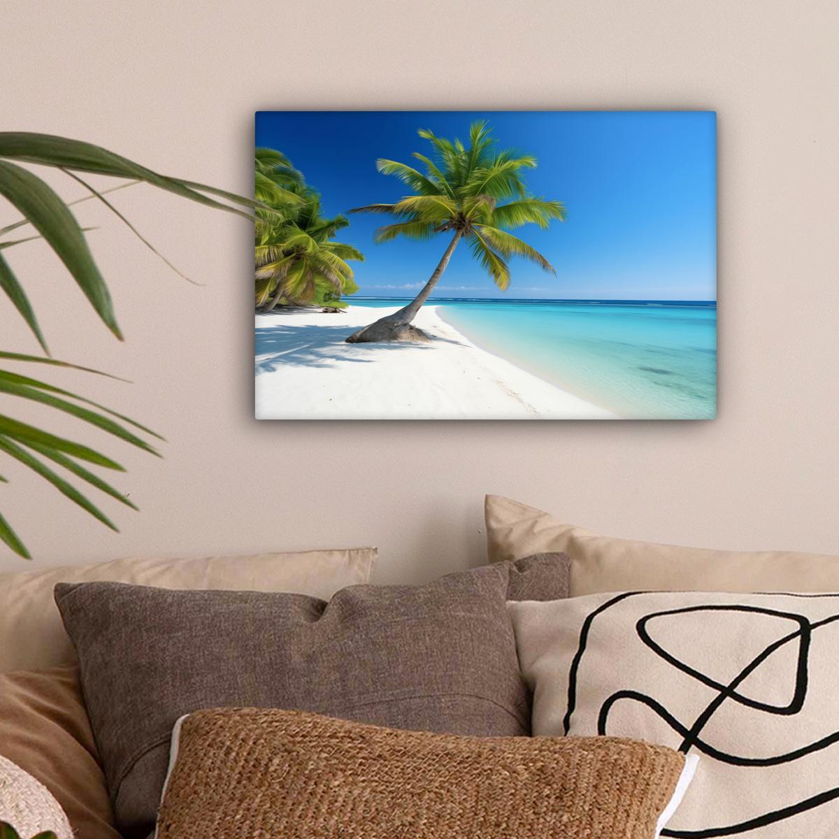 LEINWANDBILD Strand - Palme - Tropisch - Meer Deko Schlafzimmer 30x20 cm - Grün, Textil (30/20cm) - MuchoWow