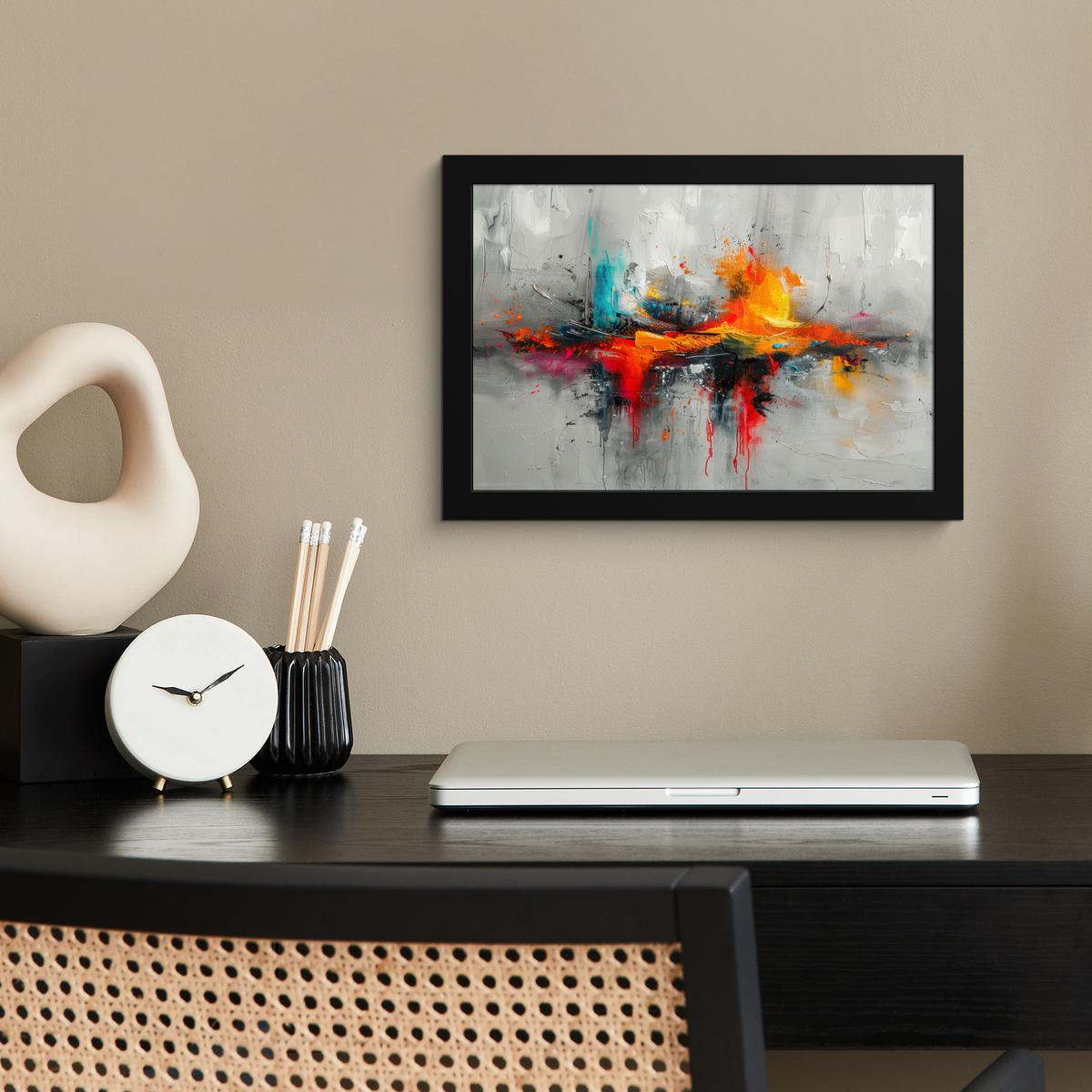 POSTER MIT RAHMENGERAHMTES BILD Moderne Kunst - Orange - Grau - Abstrakt 30x20 cm - Hellgrau, Papier (30/20cm) - MuchoWow