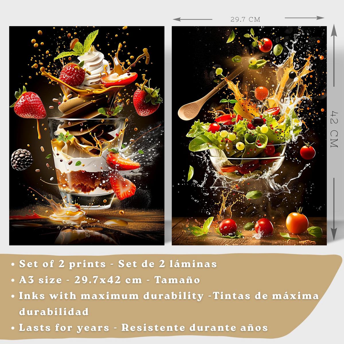 POSTER 2er Set Küchen-Wandbilder Erdbeer-Dessert und Salat Splash Fotografie Schwarzer Hintergrund Deko Rahmenlos A3 - Beige, Papier (29.7/1/42cm) - Nacnic