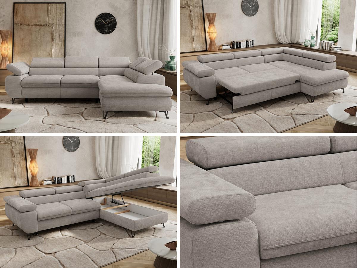 ECKSOFA PABLO L Hellgrau Schenille glatt - Rechts Seite mit Visco Topper - Hellgrau/Schwarz, Textil/Metall (273/208cm) - MKS