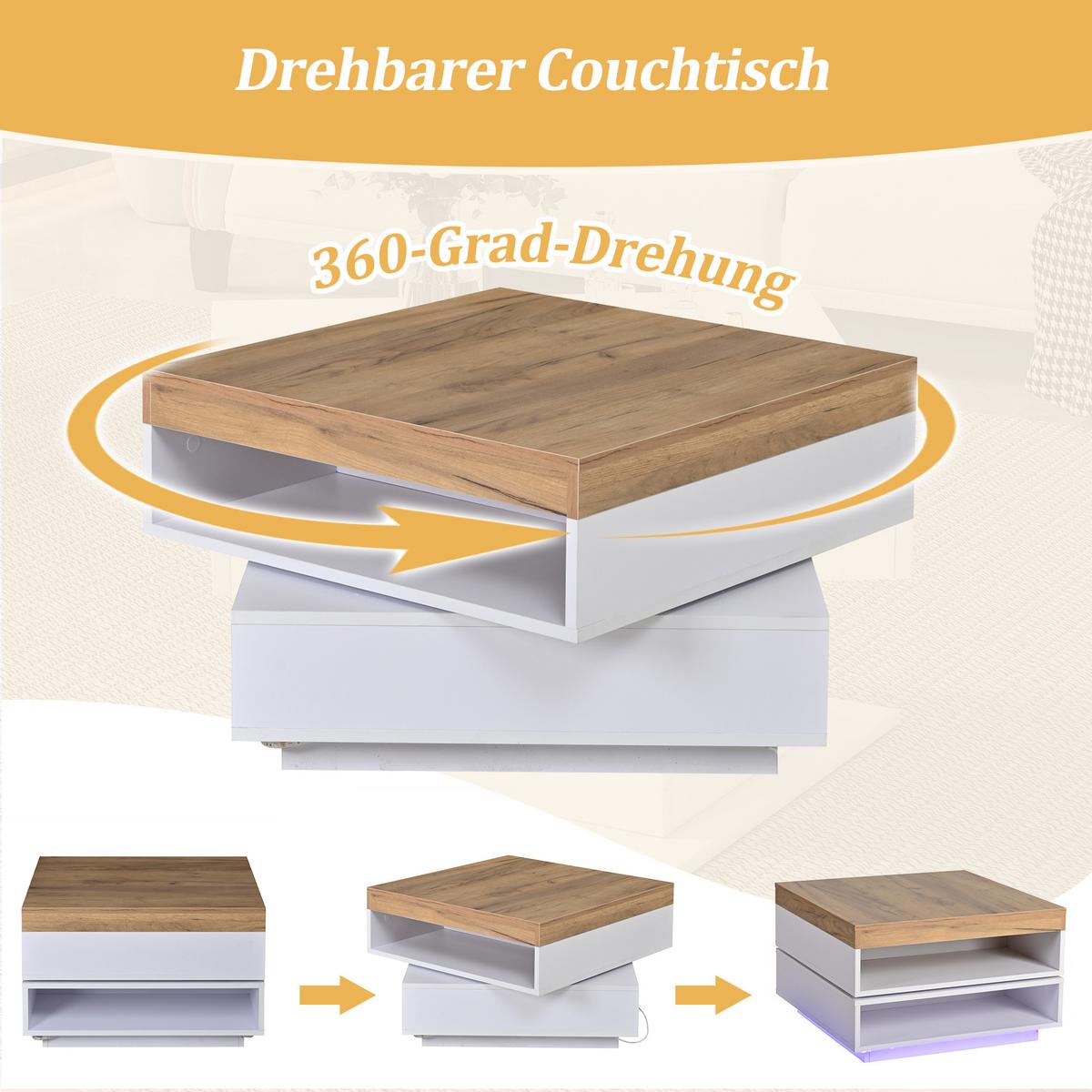 COUCHTISCH weiß & eiche-optik 360° drehbar mit led-beleuchtung - Weiß, Holzwerkstoff (65/65/40cm) - Urban Meuble