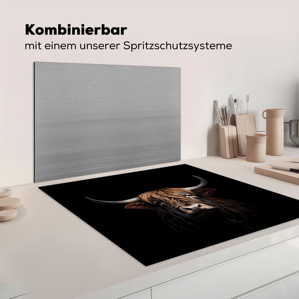 HERDABDECKPLATTE Schottischer Highlander - Porträt - Schwarz - Tier Induktionsmatte 78x78 cm - Braun, Kunststoff (78/78/0.2cm) - MuchoWow