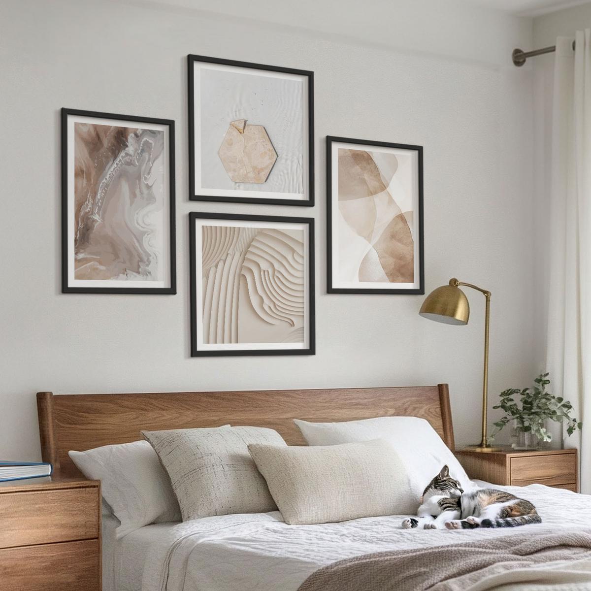 BILDER SET 4er Set - 50x50 cm & 40x60 cm Schwarzer Rahmen - Abstrakte bemalte Strukturen - Schwarz, Kunststoff (50/50cm) - TULUP