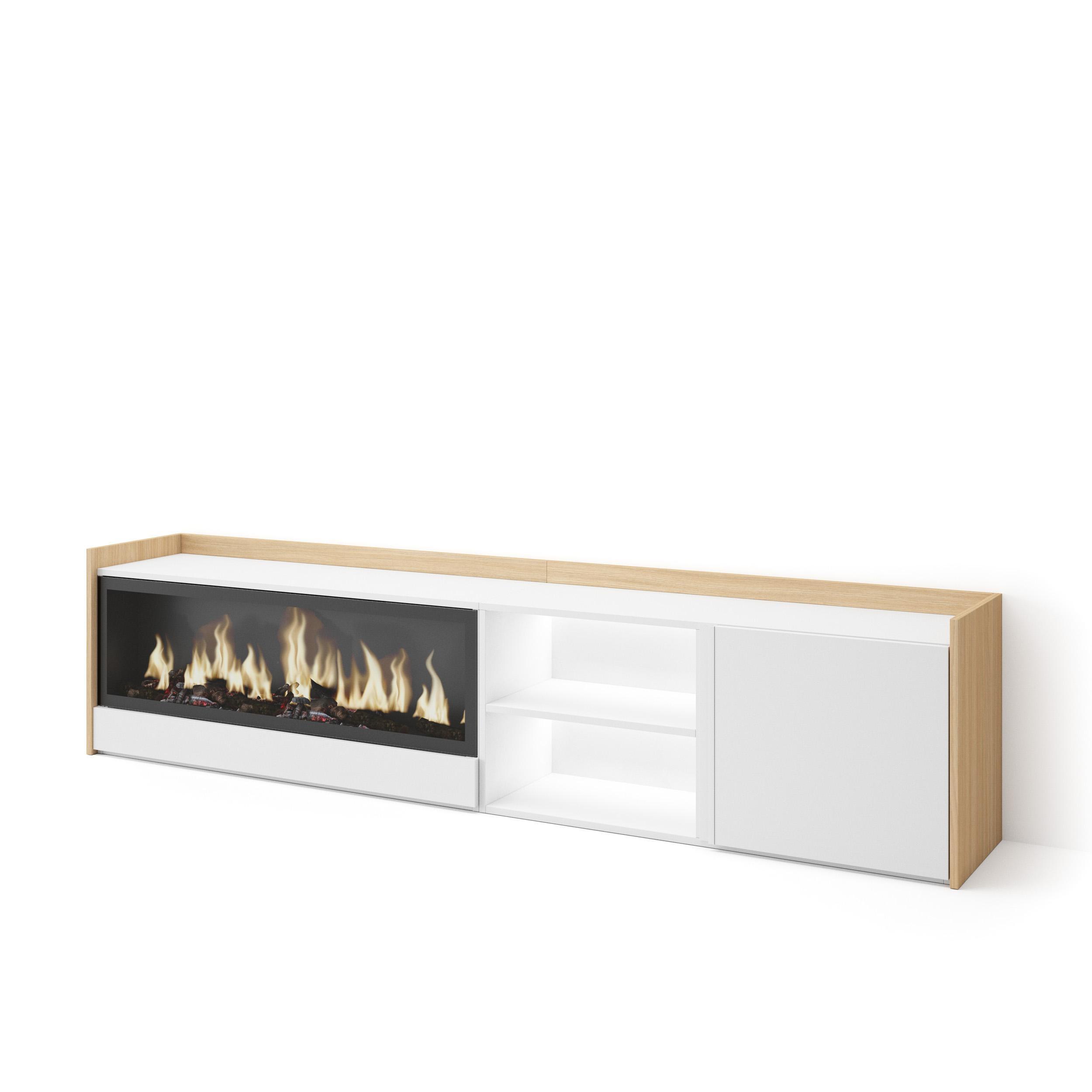 LOWBOARD, Weiß und Eiche, 212/35/50cm, Kamin mit Feuereffekt XXL - Weiß, Holzwerkstoff (212/50/35cm) - Skraut Home