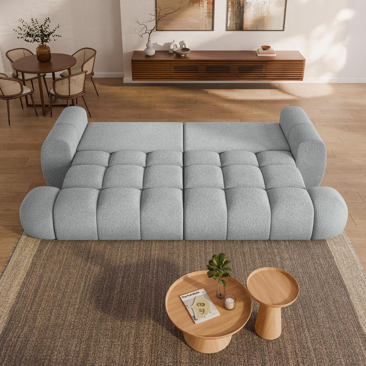 BETTSOFA DAFNE Hellgrau Bucle-Stoff mit Schlaffunktion - Hellgrau, Textil (300/88/113cm) - MASSENO