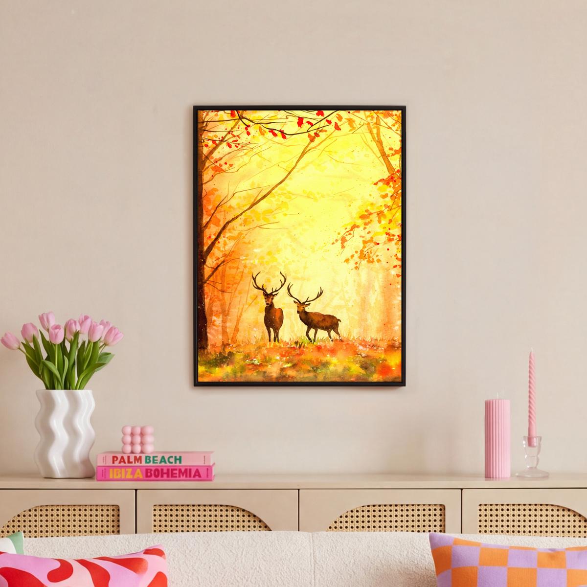 LEINWAND Bilder mit Rahmen - Natur - Ölfarbe - Hirsche - Tiere - Herbst - Orange - 50x70 - Orange, Textil (50/70cm) - MuchoWow