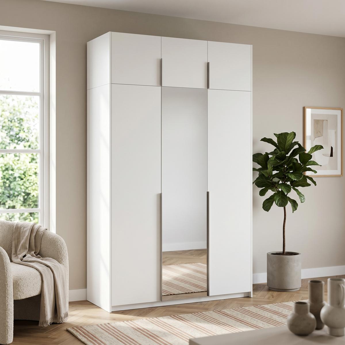 DREHTÜRENSCHRANK THALIA 148/250/58cm 3-türig mit Spiegel Weiß - Weiß, Holzwerkstoff (148/250/58cm) - MASSENO