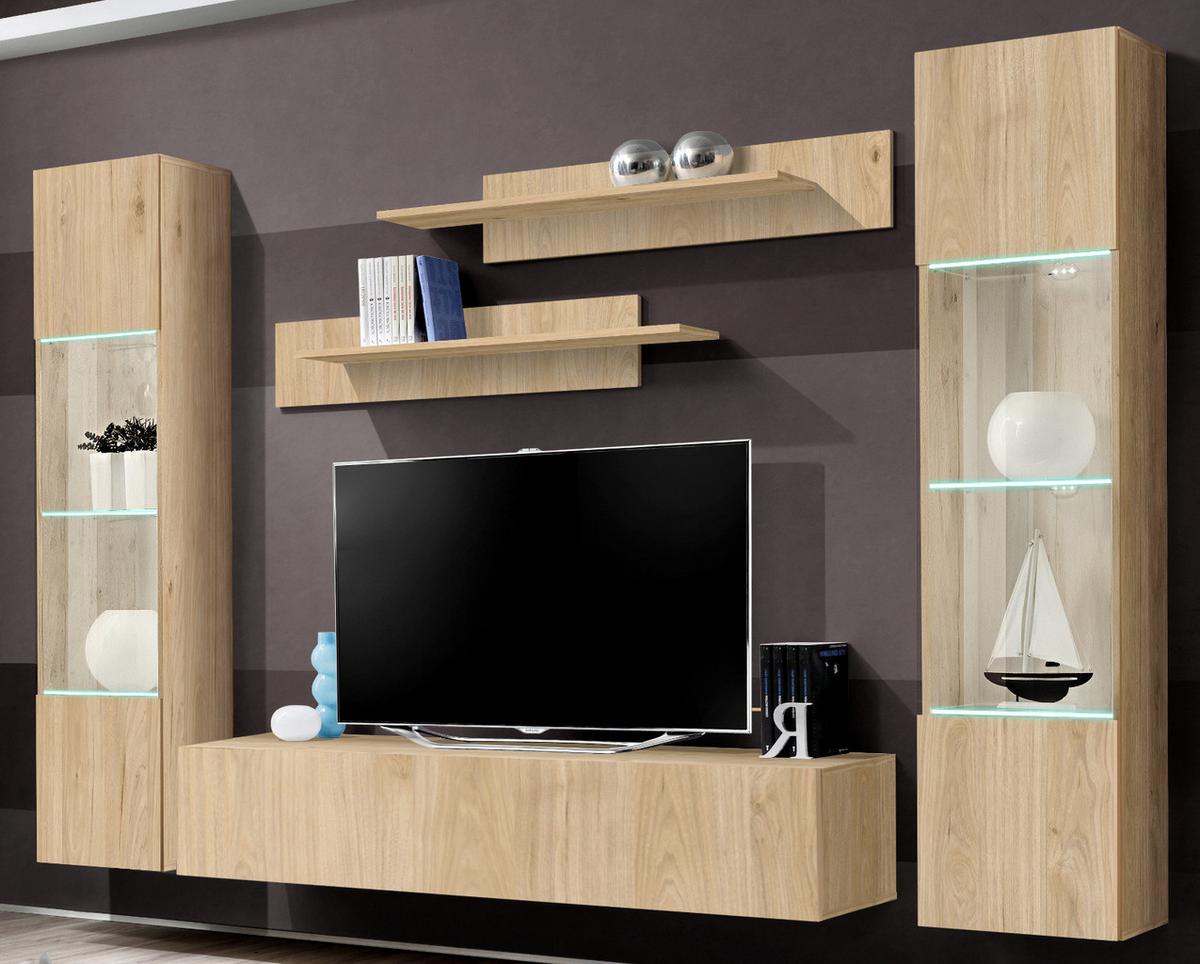 WOHNWAND Eiche Jackson 5-teilig 260 cm, Schrankwand hängend mit LED-Beleuchtung - Eichefarben, Glas/Holzwerkstoff (260/170/40cm) - Inn.Furn