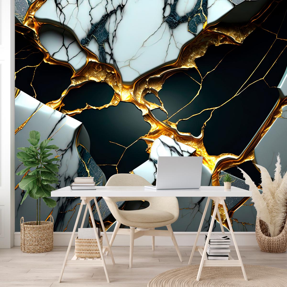 FOTOTAPETE für Wohnzimme Schwarze Weißer Marmor Goldelementen 100x70 - Goldfarben/Schwarz, Papier (100/70cm) - Muralo