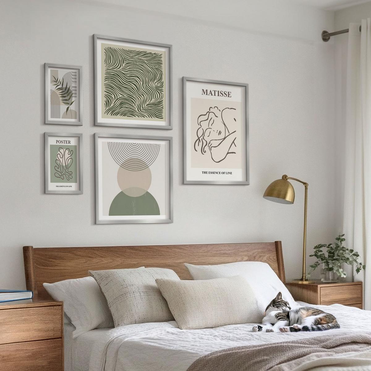 BILDER SET 5er Set - 50x50 cm & 20x30 cm & 40x60 cm Silberner Rahmen - Geometrische botanische Muster - Silberfarben, Kunststoff (40/60cm) - TULUP