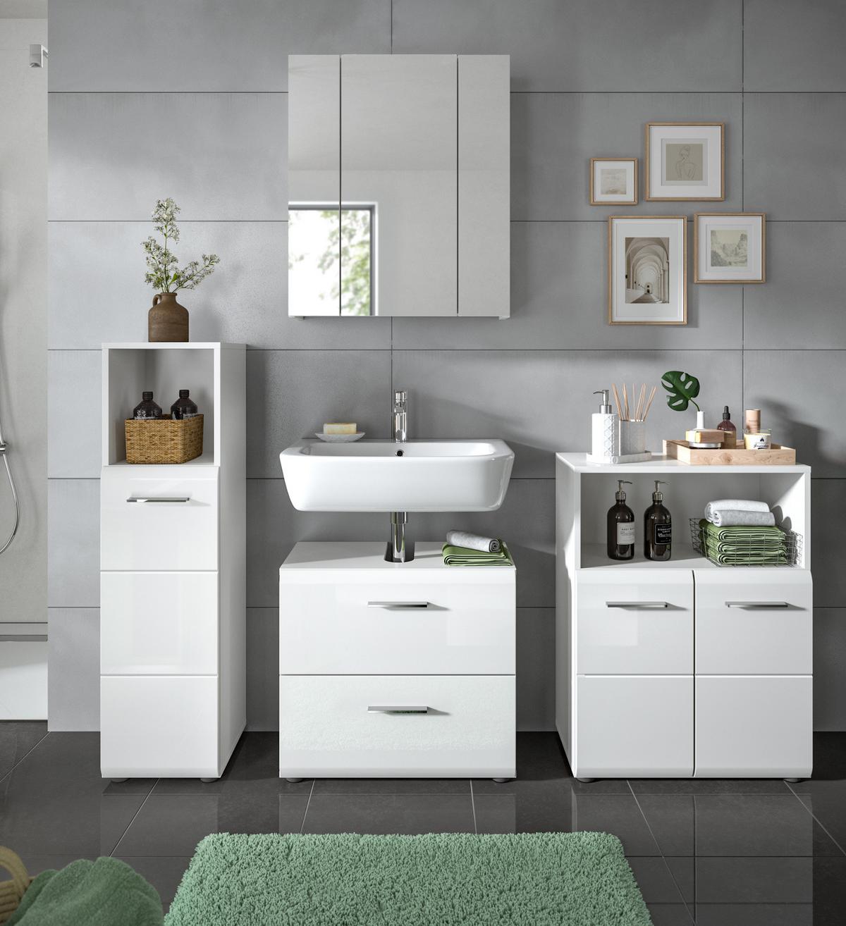 BADKOMMODE weiß Hochglanz, Badezimmer Kommode 30 x 110 cm - Weiß Hochglanz/Silberfarben, Holzwerkstoff/Kunststoff (30/110/30cm) - Inn.Furn