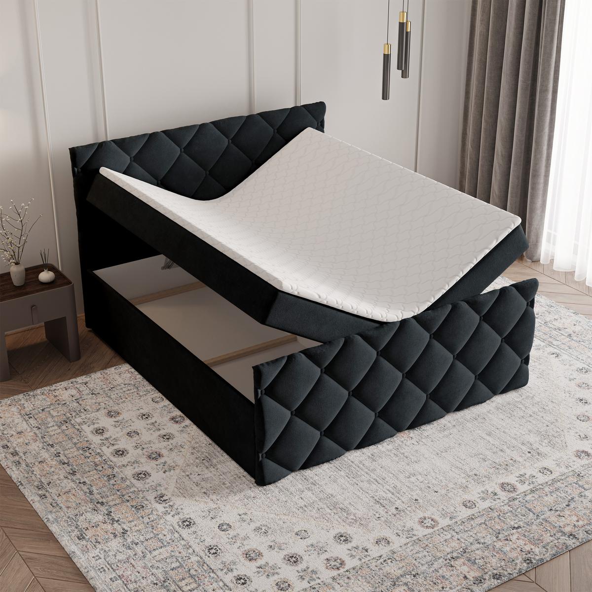 BOXBETT ROVARI 180x200 cm mit Matratze und Topper - Schwarz - Schwarz, Holz (180/200cm) - MASSENO
