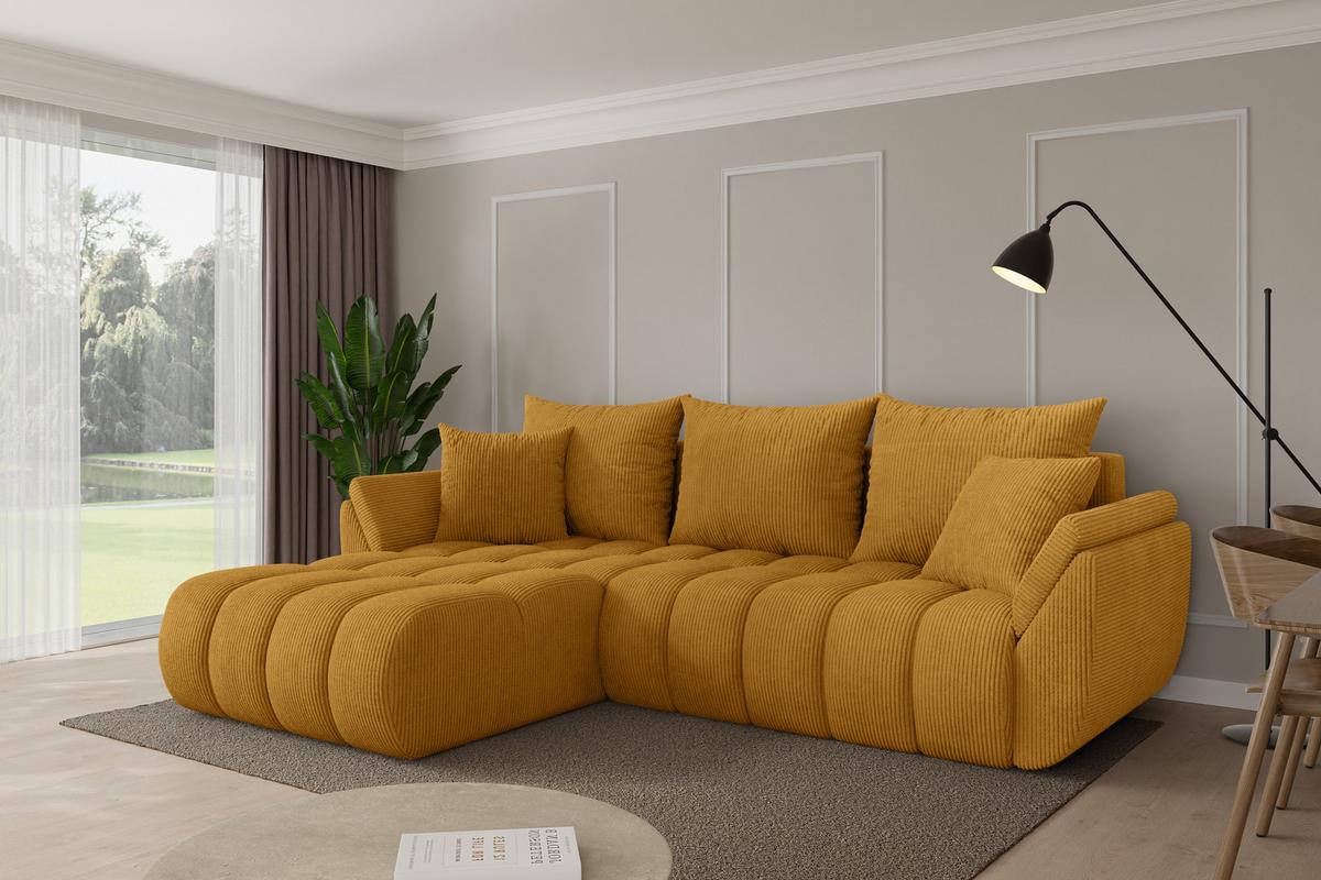 ECKSOFA mit Schlaffunktion Ottomane Links TOKO-L-v1 277x194x86 Senfgelb Cord - Dunkelgelb/Schwarz, Holzwerkstoff/Kunststoff (277/194cm) - ALTDECOR