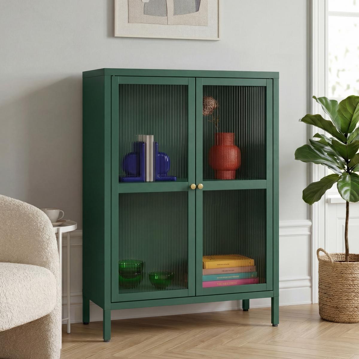 VITRINE Säkylä - Dunkelgrün/Transparent, Glas/Metall (64/84/35cm) - [en.casa]
