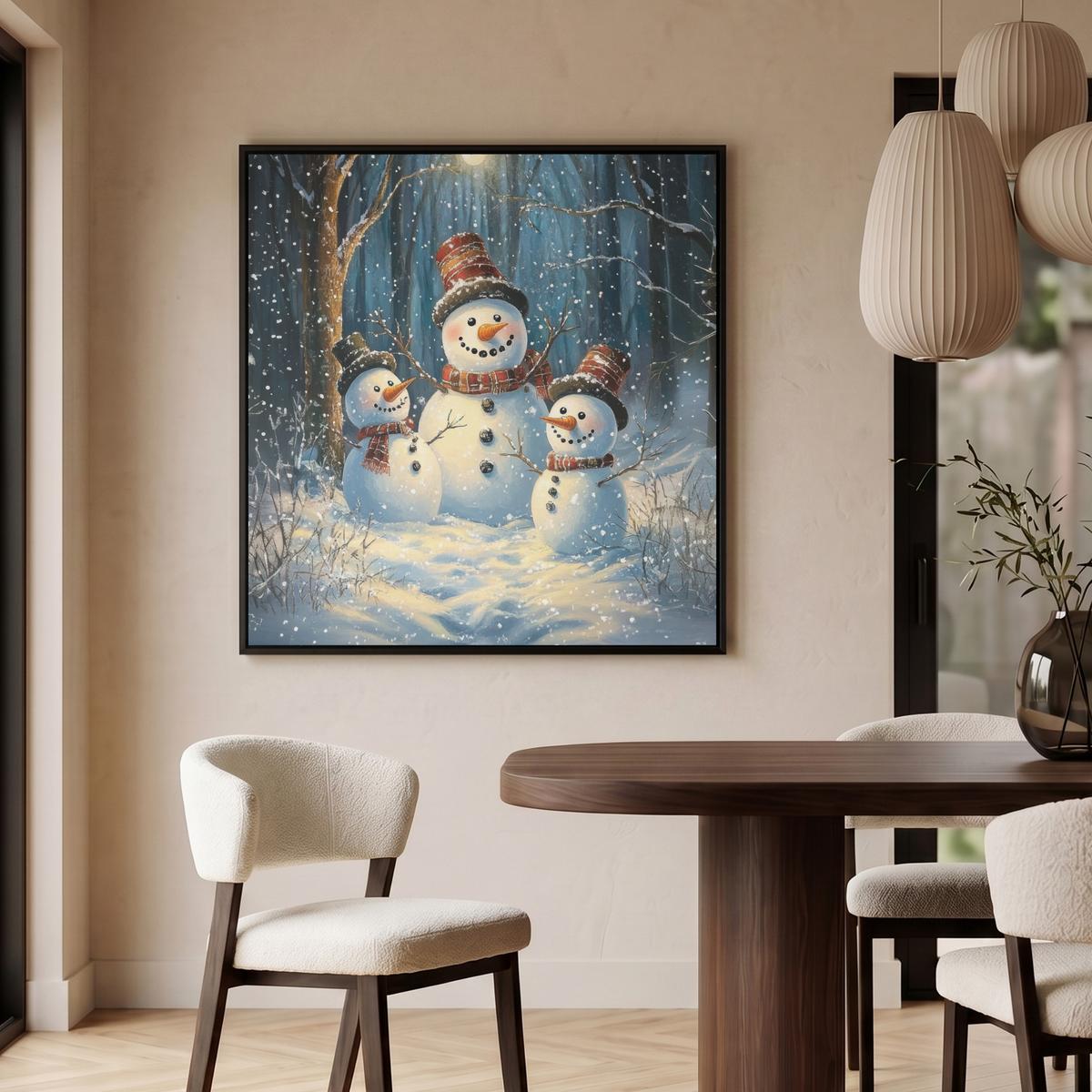LEINWAND Bilder mit Rahmen - Schneemann - Schnee - Winter - Wald - 90x90 - Hellblau, Textil (90/90cm) - MuchoWow