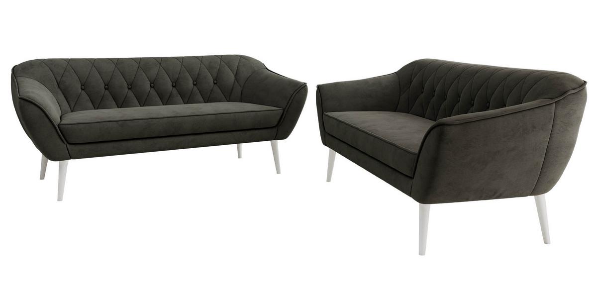 SITZGARNITUR PIRS 3+3 - Dunkelgrau Velvet - Weiße Beine - Dunkelgrau/Weiß, Holzwerkstoff/Textil (180/75/74cm) - MKS