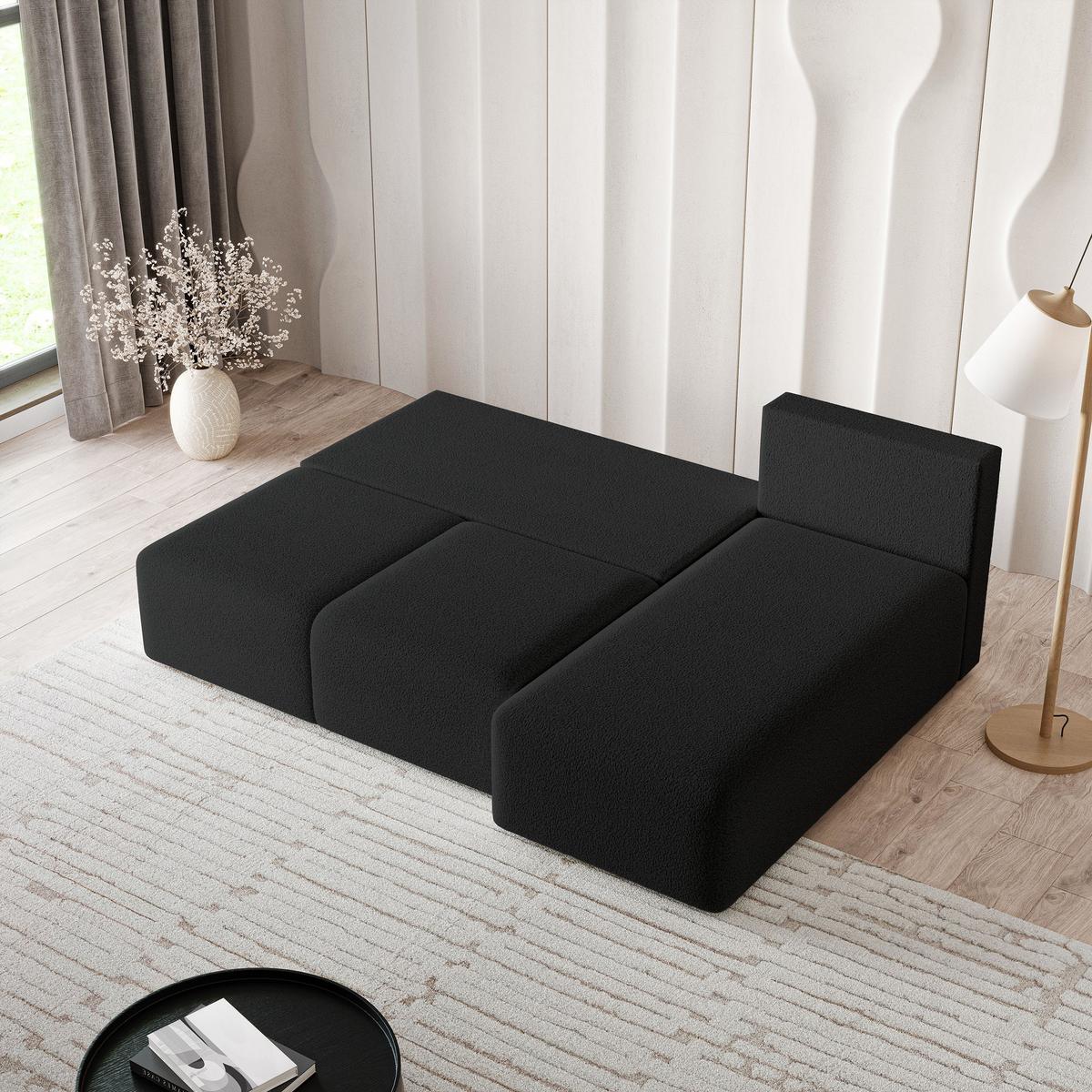 ECKSOFA TRAMA Schwarz Boucle-Stoff mit Schlaffunktion - Schwarz, Holz (200/143cm) - MASSENO