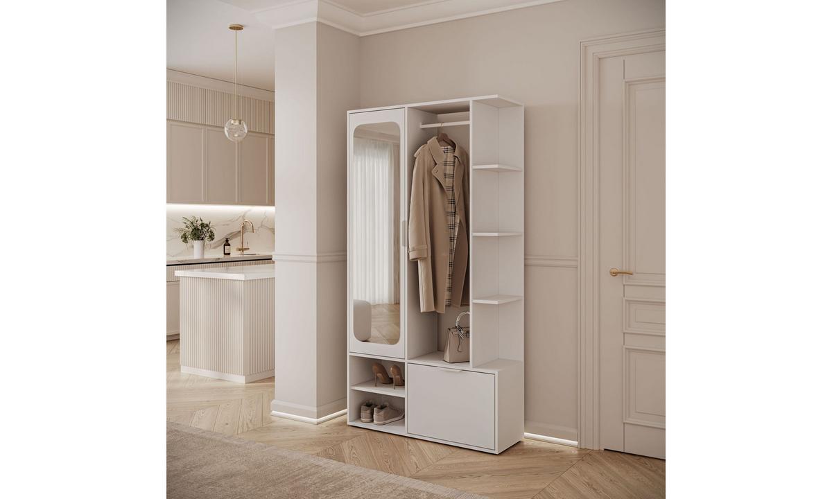 GARDEROBE NOLA 100/33,1/188,5 cm Weiß mit Spiegel und Schuhschrank - Weiß, Holzwerkstoff/Metall (100/188.5/33.1cm) - Lookway