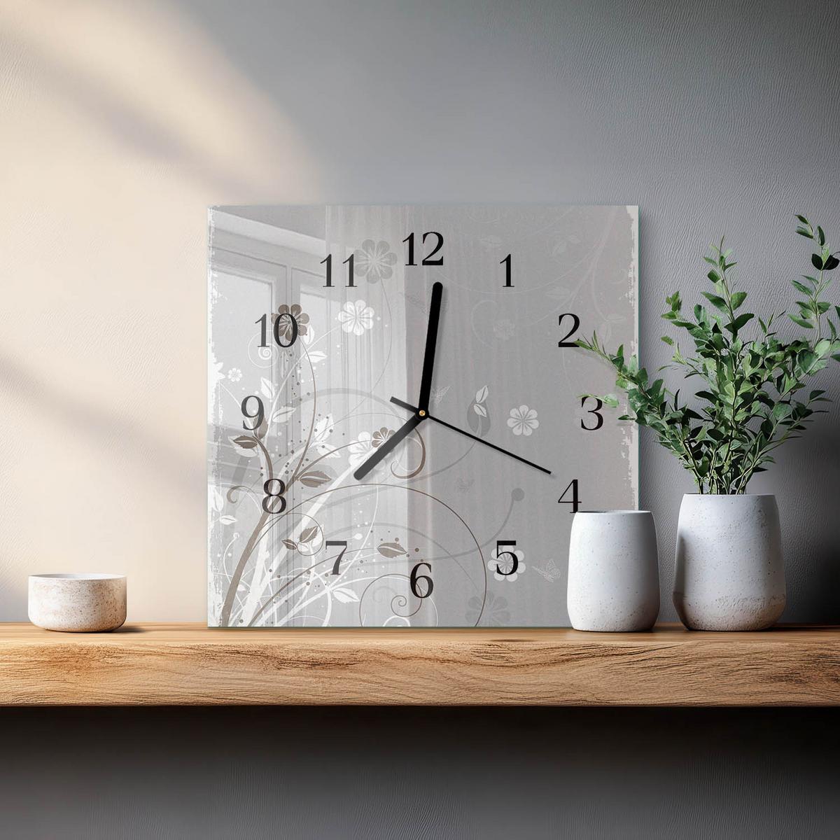 WANDUHR aus Glas 30x30 cm - Blumen - Grau, Glas (30/30/0.4cm) - TULUP