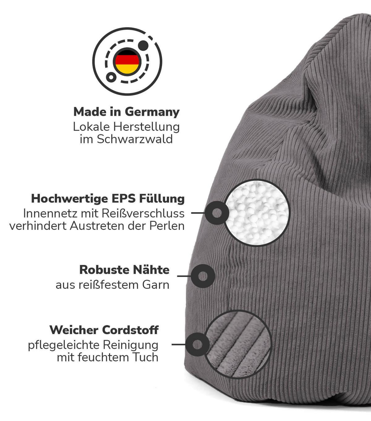 SITZSACK Cord mit Hocker Der Tagträumer - Anthrazit, Textil (180/80/80cm) - Mokebo