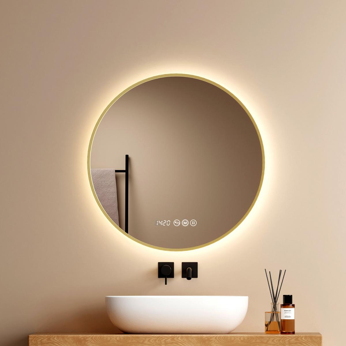 BADSPIEGEL mit LED-Beleuchtung Anti-Beschlag Zeitanzeige Goldfarben Ø 60 cm - Goldfarben, Glas (60/60/3cm) - EMKE