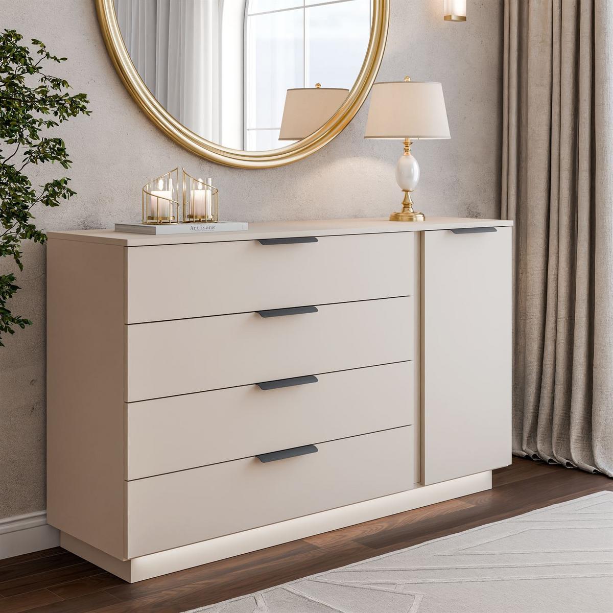 KOMMODE LINA KASCHMIR 1D4S mit LED-Beleuchtung auf Sockel Schwarz - Kaschmir, Holzwerkstoff (138/84/40cm) - Lookway