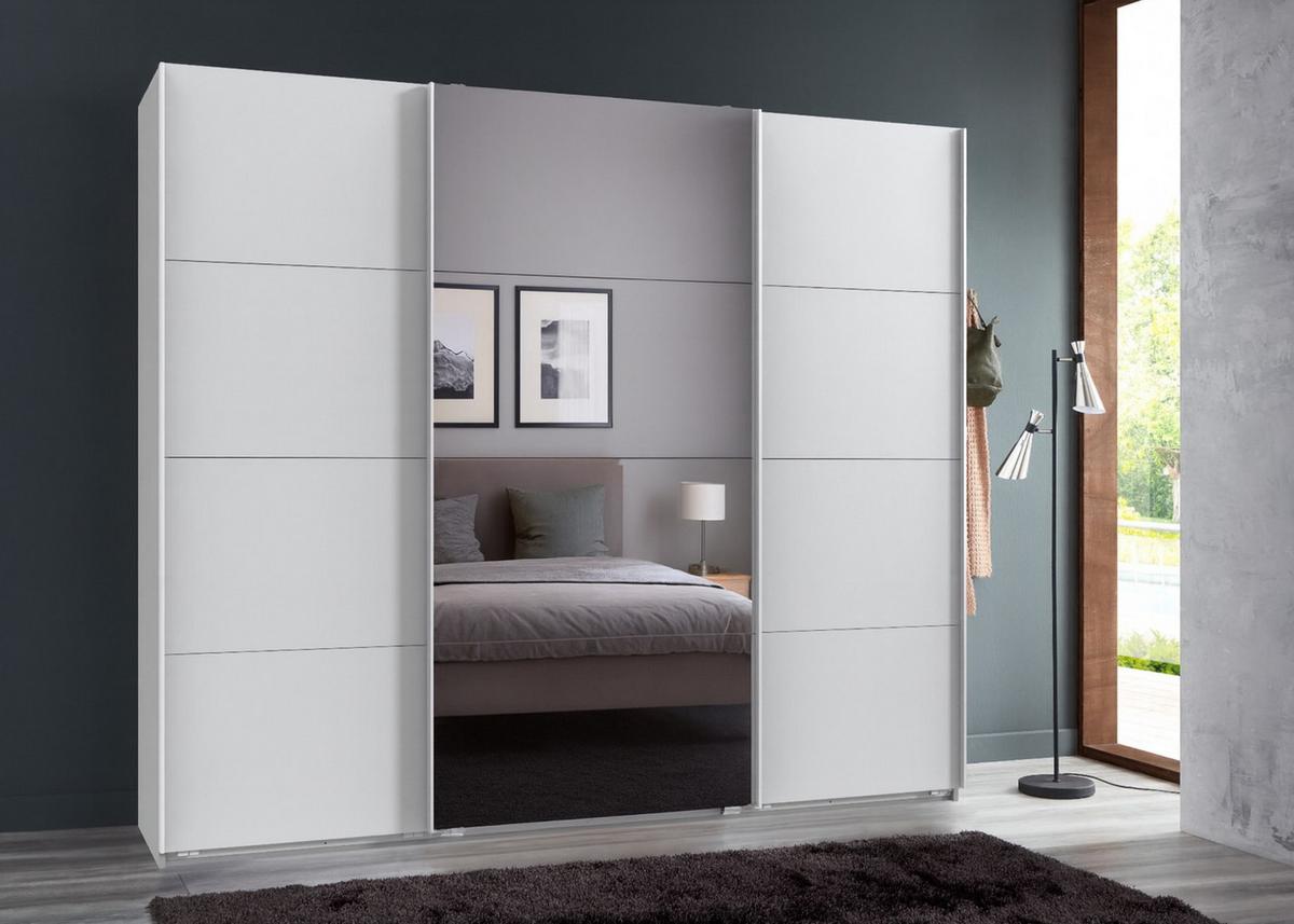 SCHWEBETÜRENSCHRANK 3-türig B225/H208/T64 cm in Weiß, Kleiderschrank mit einer Spiegeltür / 22518 - Edelstahlfarben/Weiß, Holzwerkstoff/Metall (225/208/64cm) - luma-home