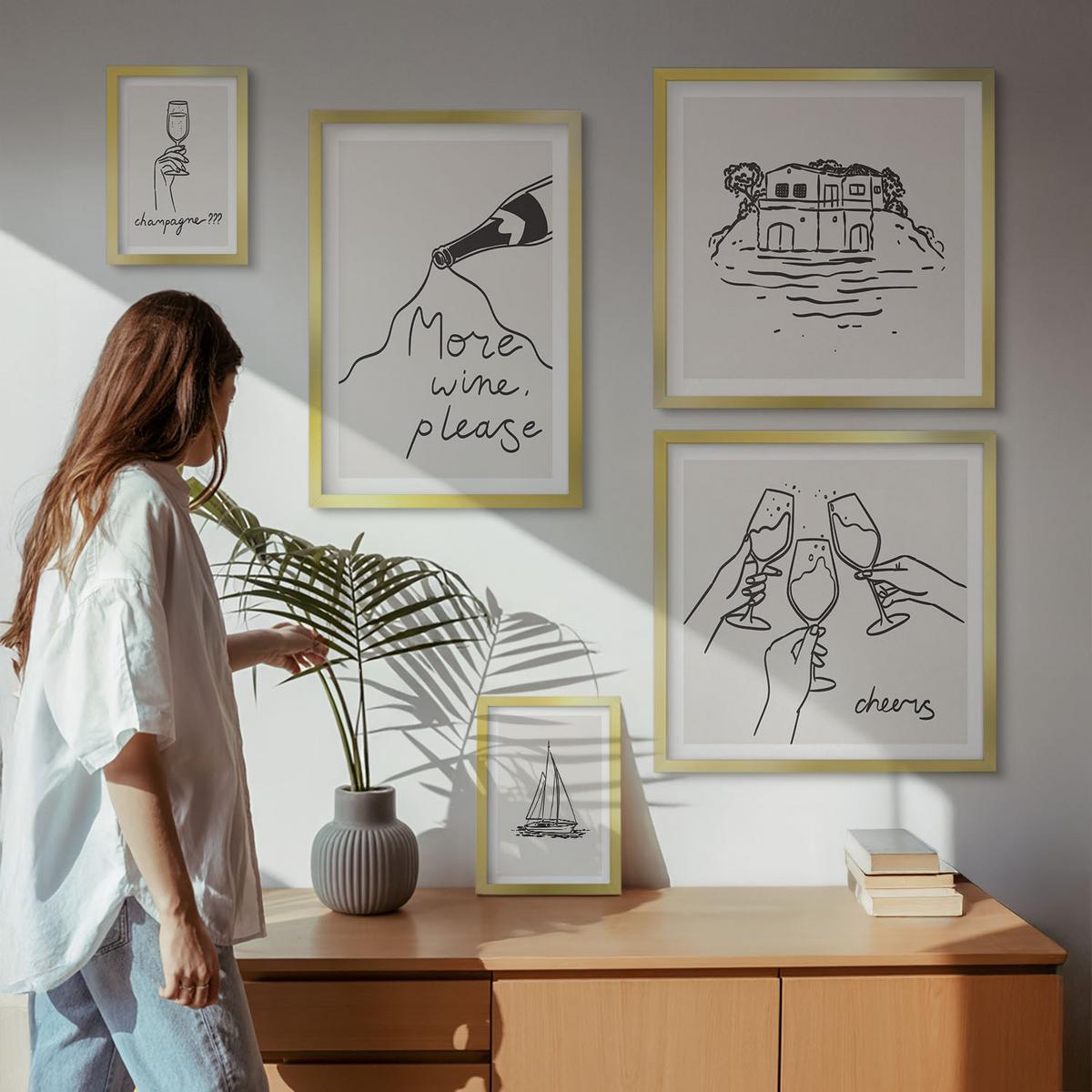 BILDER SET 5er Set - 50x50 cm & 20x30 cm & 40x60 cm Goldrahmen - Minimalistische Boho-Muster - Goldfarben, Kunststoff (40/60cm) - TULUP