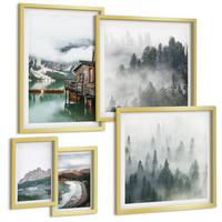 BILDER SET 5er Set - 50x50 cm & 20x30 cm & 40x60 cm Goldrahmen - Holzhausboot an Bergstränden - Goldfarben, Kunststoff (40/60cm) - TULUP
