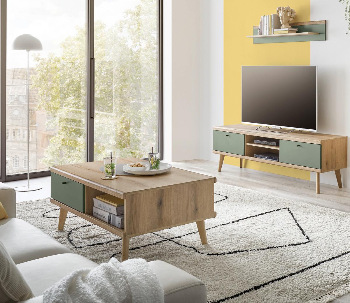 COUCHTISCH Salbei grün, Eiche Evoke, skandinavisch 107 x 67 cm, Wohnzimmertisch mit Stauraum - Salbeigrün/Eichefarben, Holz/Holzwerkstoff (107/67/46cm) - Furn.Design