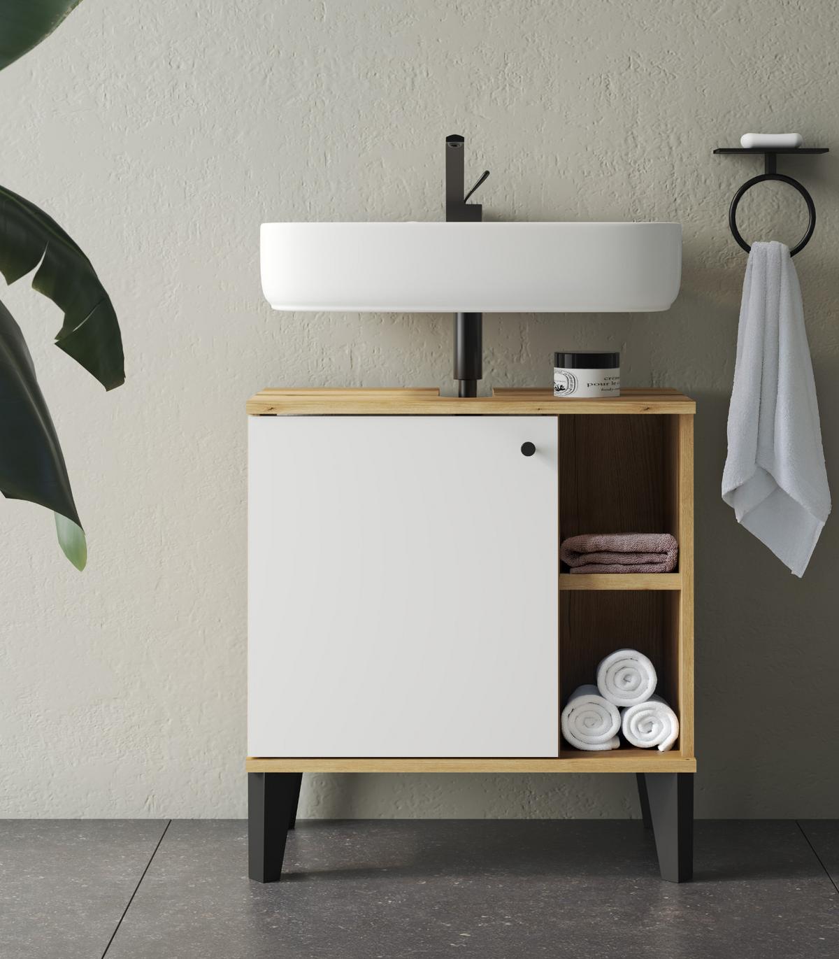 WASCHBECKENUNTERSCHRANK weiß, Evoke Eiche, Badezimmer Unterschrank, 60 cm - Eichefarben/Schwarz, Holzwerkstoff/Kunststoff (60/65/33cm) - Furn.Design