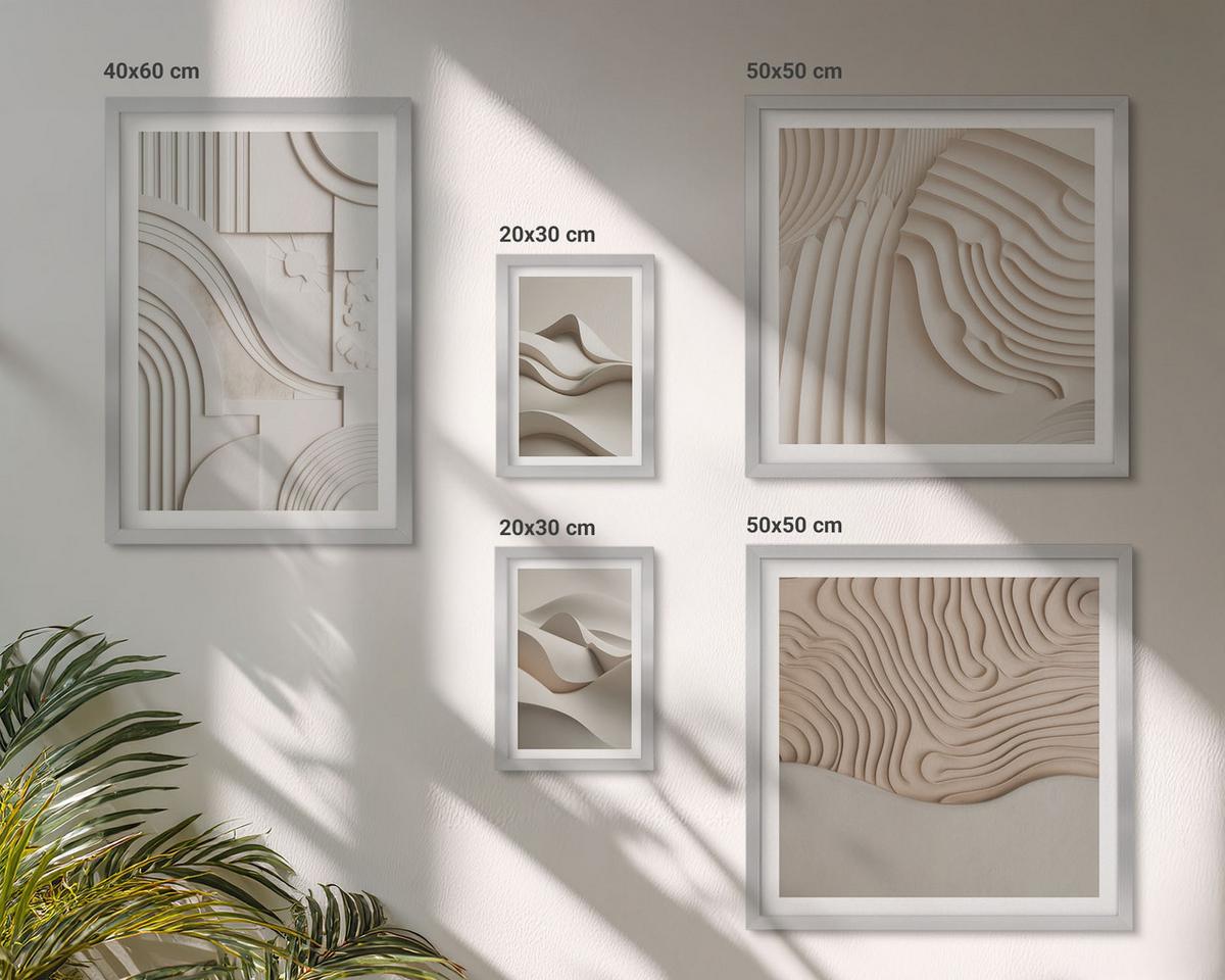 BILDER SET 5er Set - 50x50 cm & 20x30 cm & 40x60 cm Silberner Rahmen - Abstrakte beige Wellen - Silberfarben, Kunststoff (40/60cm) - TULUP
