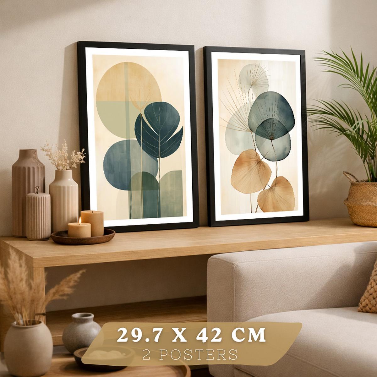 POSTER 2er Bilder-Set Wandbilder Geometrische Blumen modern Wohnzimmer Deko, Schlafzimmer, Küche, Badezimmer Schwarzer Rahmen A3 - Schwarz, Papier (29.7/1/42cm) - Nacnic