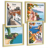 BILDER SET 4er Set - 50x50 cm & 40x60 cm Goldrahmen - Retro-Illustrationen von Weltstädten - Goldfarben, Kunststoff (50/50cm) - TULUP