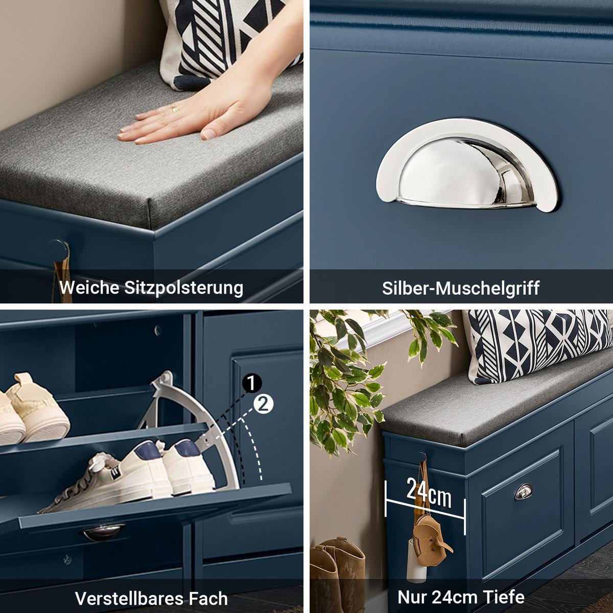SCHUHBANK mit Sitzfläche und 2 Klappen, Blau 104x52x24cm - Blau, Holzwerkstoff (104/52/24cm) - SoBuy