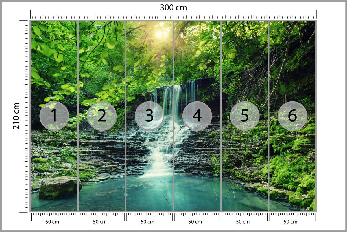 FOTOTAPETE für Schlafzimmer Türkisfarbener Wasserfall Wald Bäume Blätter Felsen 300x210 - Türkis/Blau, Papier (300/210cm) - Muralo