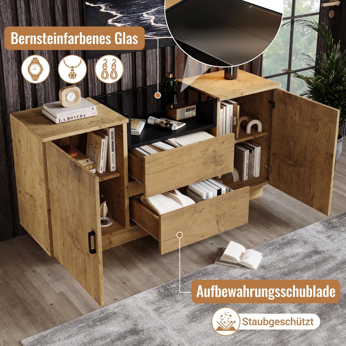 SIDEBOARD in Eichenoptik mit Glasfront mit 2 Schubladen, 2 Türen & offenem Fach - Eichefarben, Holzwerkstoff (140/70/40cm) - Urban Meuble