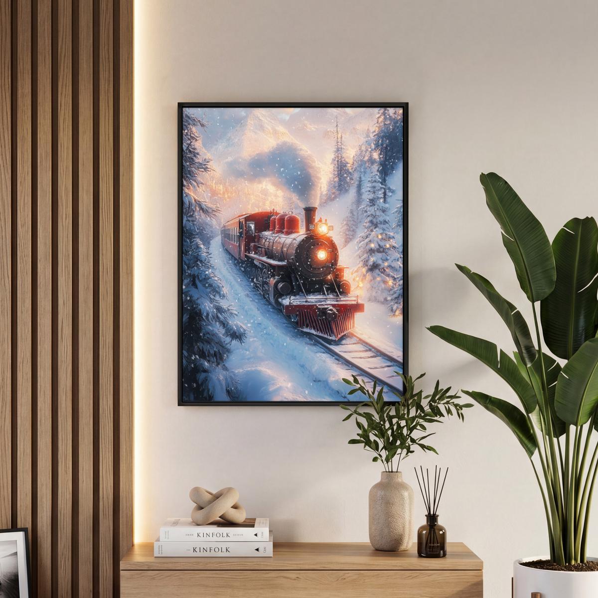 LEINWAND Bilder mit Rahmen - Weihnachtszug - Schnee - Winter - Weihnachten - 60x80 - Dunkelrot, Textil (60/80cm) - MuchoWow