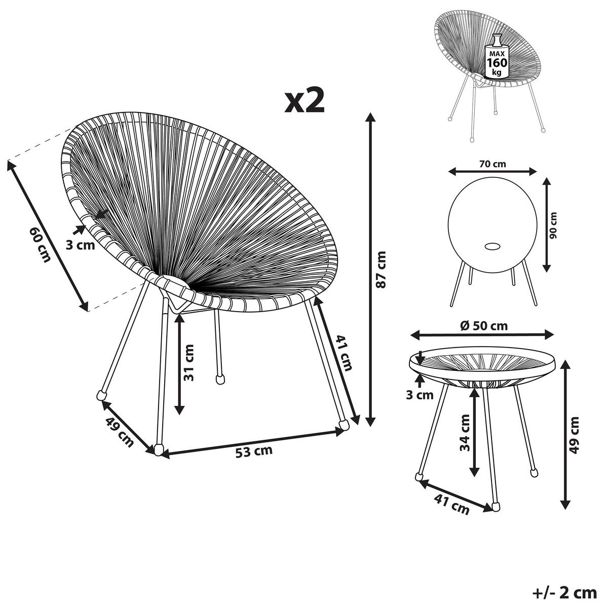 BALKONSET 2-Sitzer Rattan hellgrau Acapulco II - Hellgrau/Schwarz, Kunststoff - Beliani