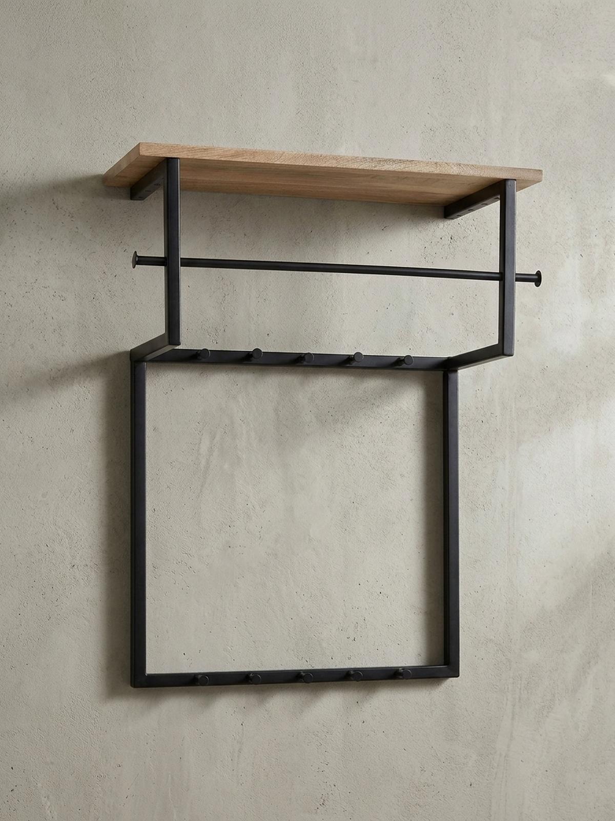 WANDGARDEROBE Massivholz Metall Modern mit 10 Haken, Kleiderstange und Ablage - Schwarz, Holz/Metall (60/76/26cm) - KADIMA DESIGN
