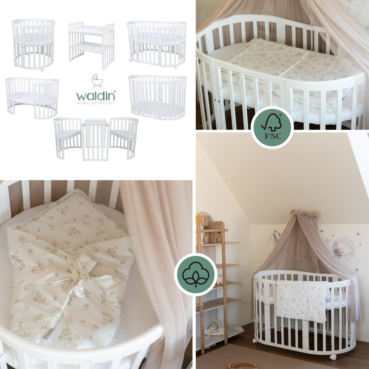 BABYBETT NATUR OVAL 7in1 mit Matratze und Himmelset - Taupe/Naturfarben, Holz/Textil (73/125cm) - waldin