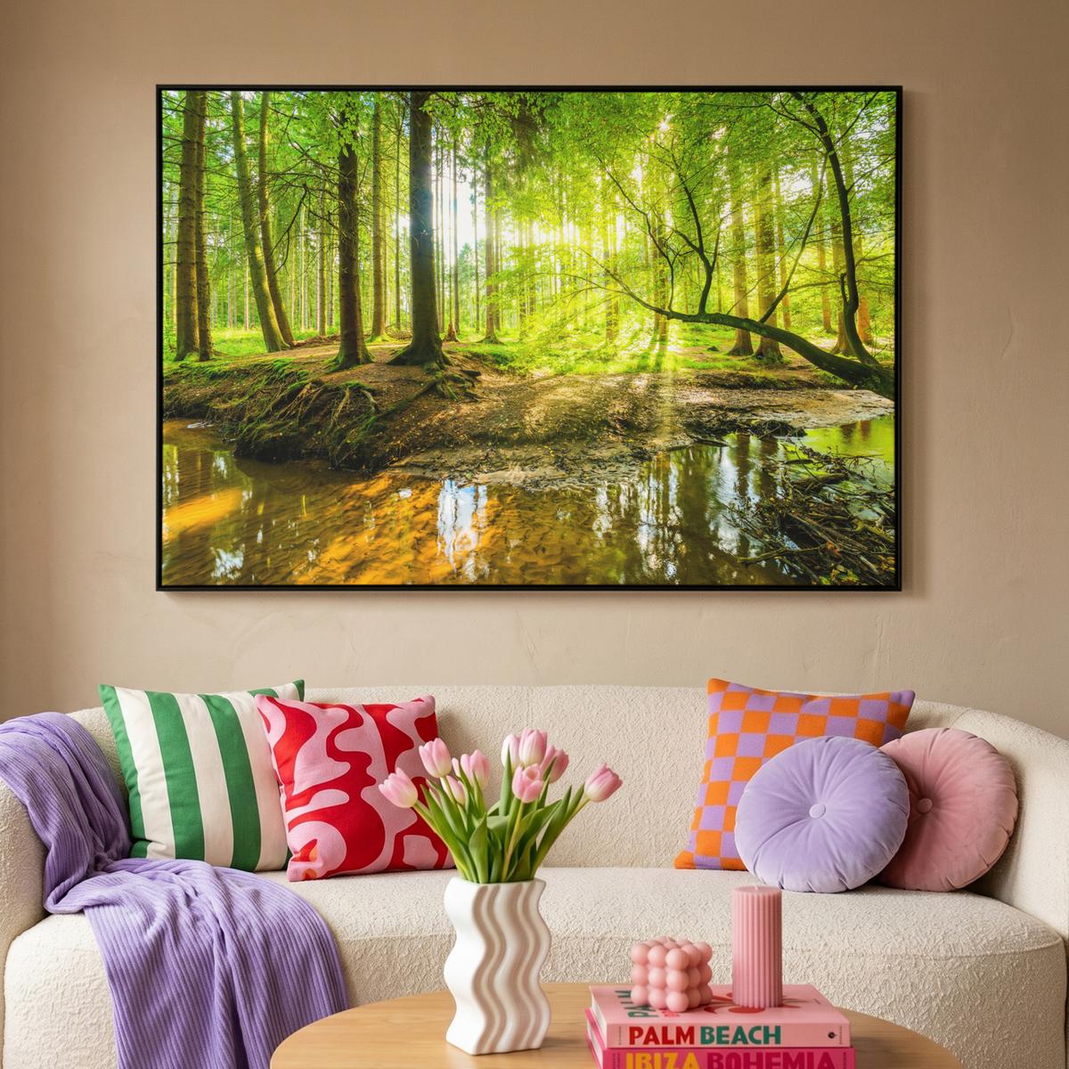 LEINWAND Bilder mit Rahmen - Wald - Landschaft - Wasser - Bäume - Sonne - Grün - Natur - 140x90 - Grün, Textil (140/90cm) - MuchoWow