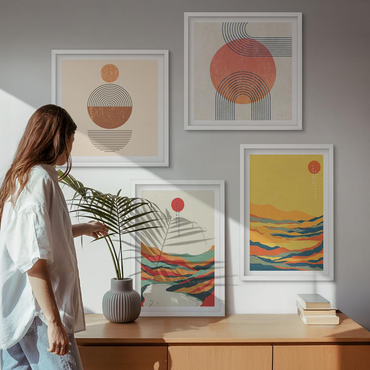 BILDER SET 4er Set - 50x50 cm & 40x60 cm Weißer Rahmen - Farbenfrohe Muster der Japandi-Flussberge - Weiß, Kunststoff (50/50cm) - TULUP