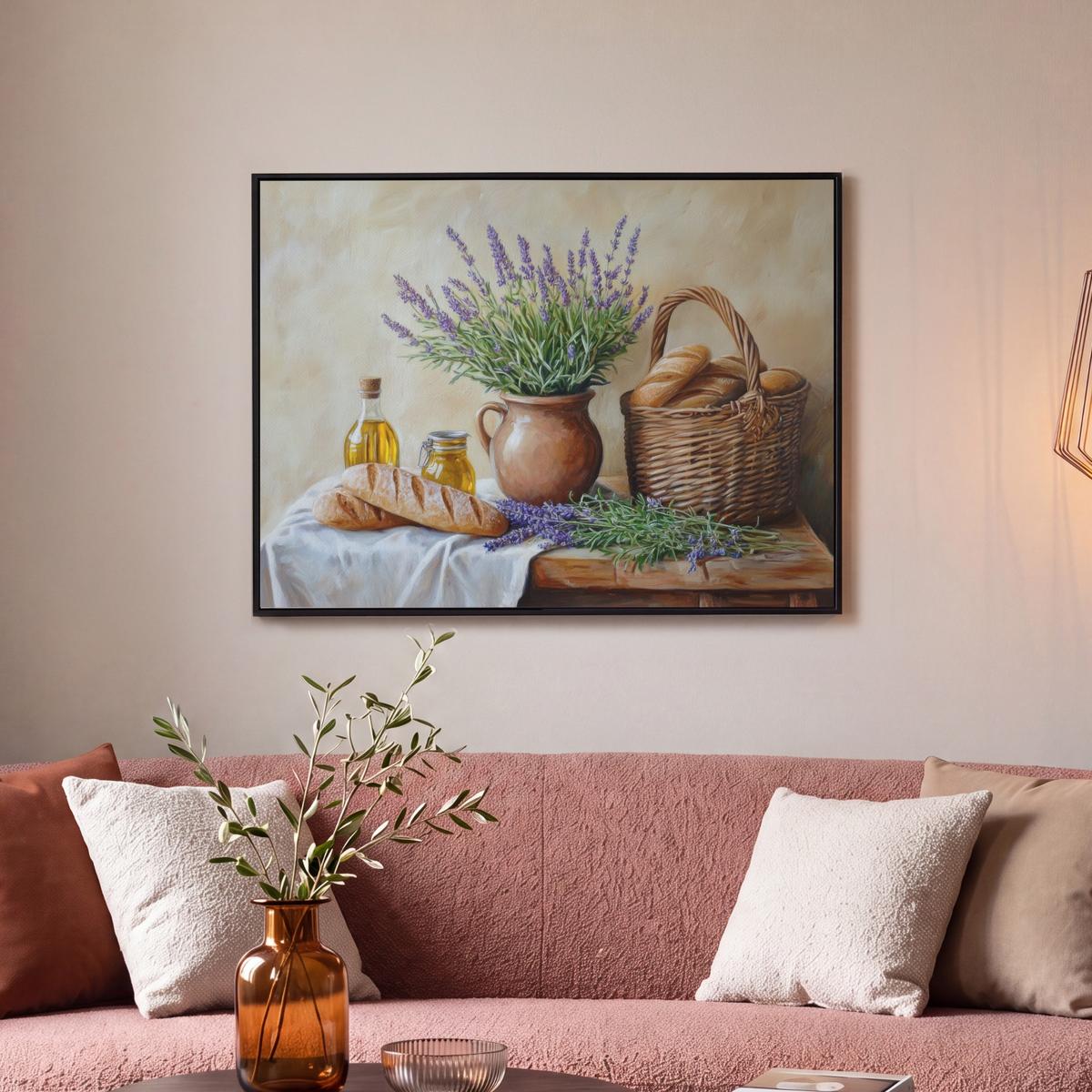 LEINWAND Bilder mit Rahmen - Lavendel - Brot - Stilleben - 70x50 - Flieder, Textil (70/50cm) - MuchoWow