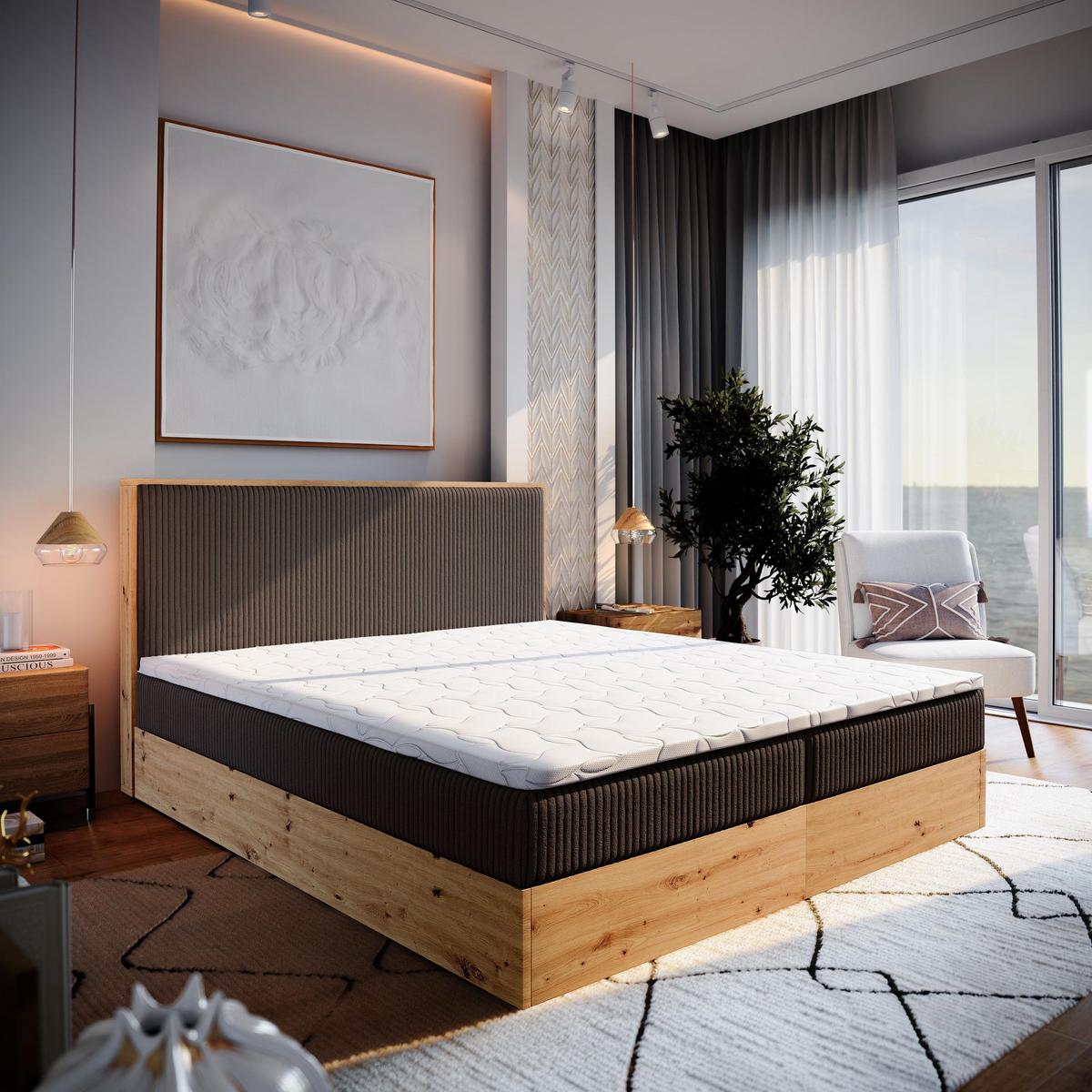 BOXBETT VERDON 160x200 cm mit Matratze und Topper - Braun - Braun, Holz (160/200cm) - MASSENO