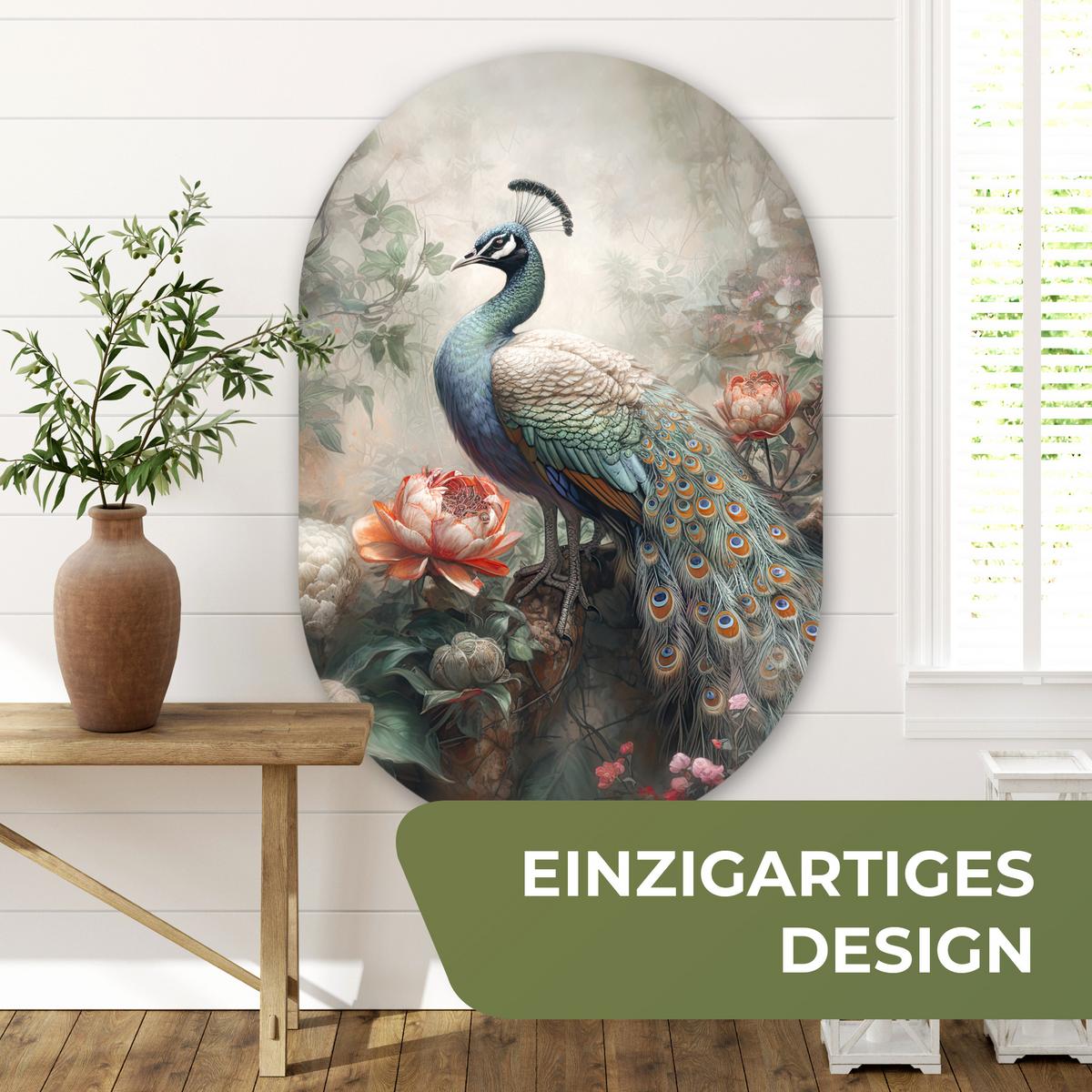 WANDBILD Pfau - Pfauenfedern - Vogel - Dschungel - Blumen Deko Groß 80x120 cm - Smaragdgrün, Kunststoff (80/120cm) - MuchoWow