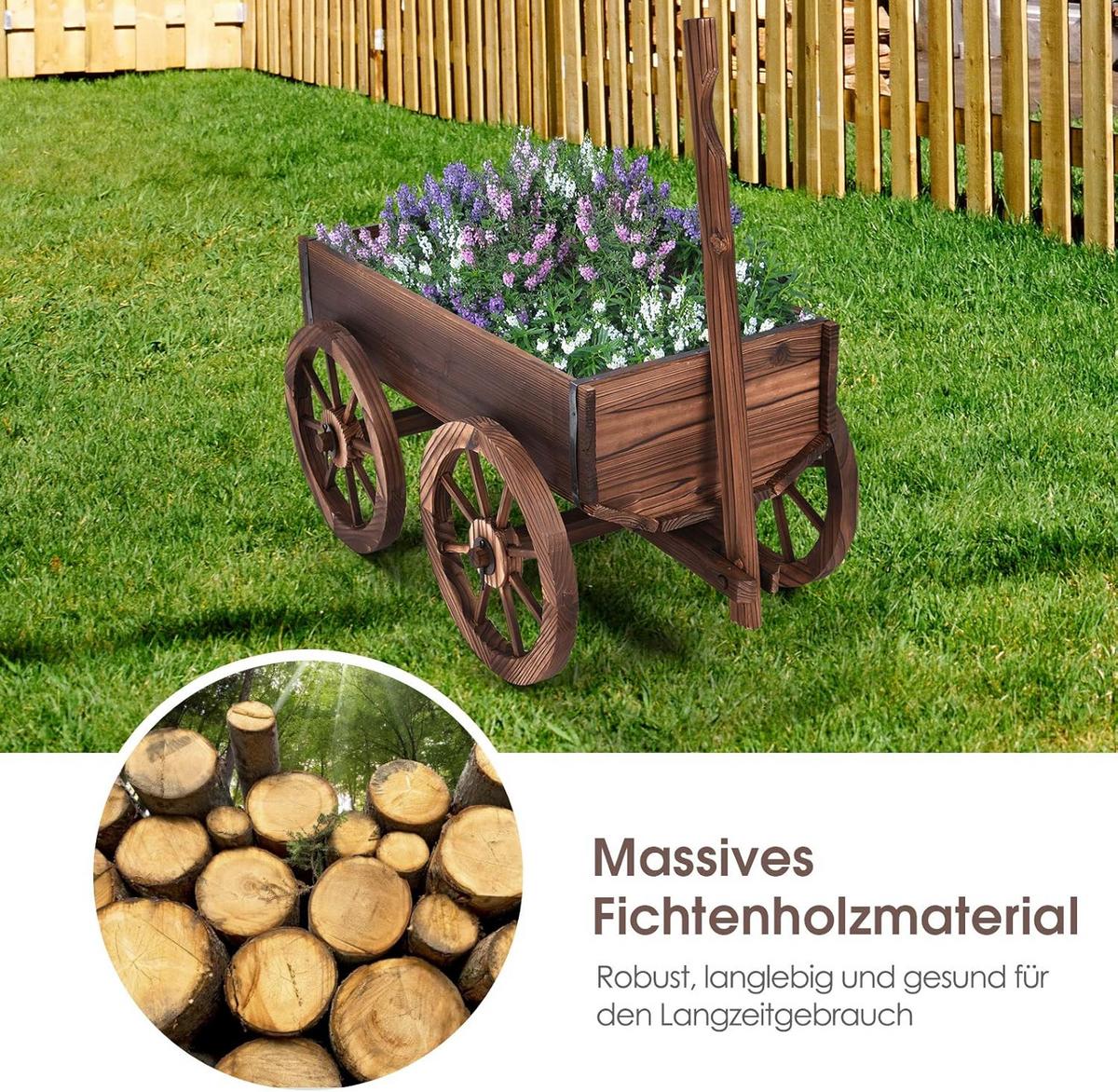 BLUMENWAGEN Holz, Pflanzwagen 4 Rädern Braun - Braun, Holz (120/54/43cm) - COSTWAY