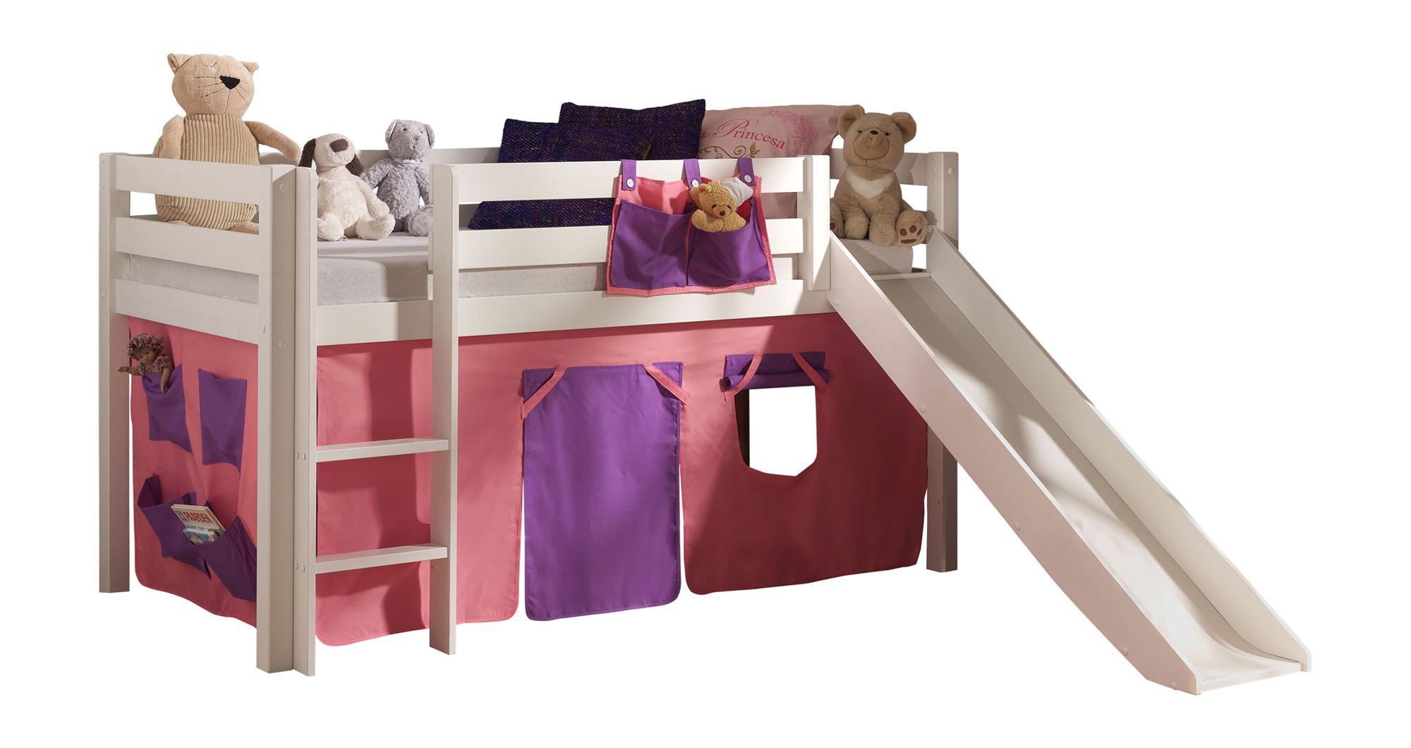 HOCHBETT mit Rutsche Karolina Massivholz Weiß Textilset Bella - Violett/Weiß, Holz (90/200cm) - 58aufmkessel