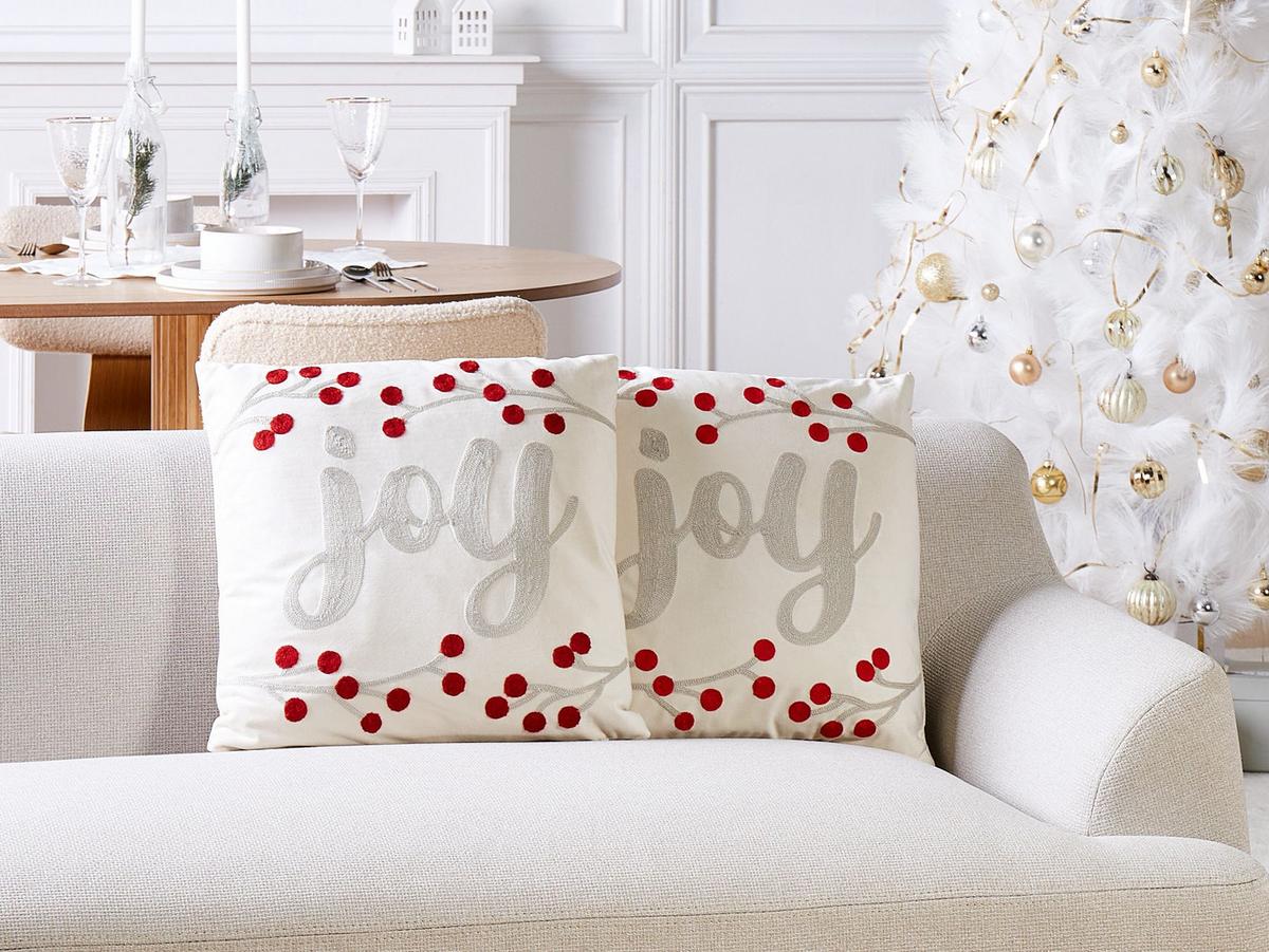 DEKOKISSEN 2er-Set Cremeweiß 45/45 cm Praline - Rot/Weiß, Textil (45/45cm) - Beliani