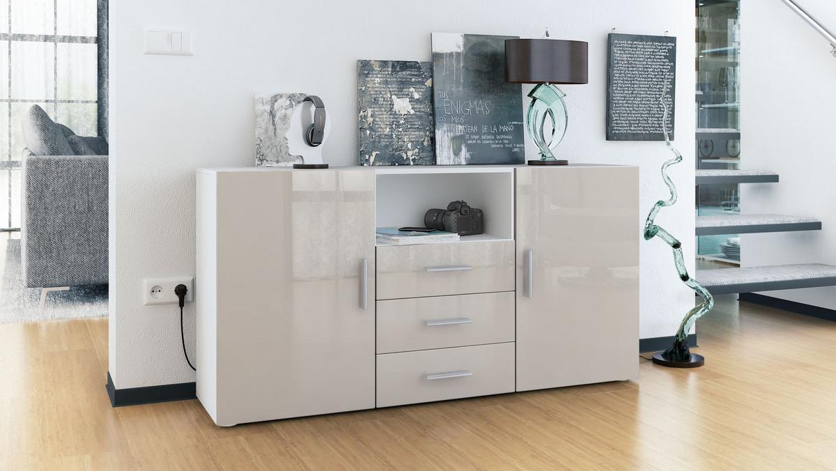 SIDEBOARD Skadu Front in Sandgrau Hochglanz - Sandfarben, Holzwerkstoff (138.5/71.5/35cm) - Vladon